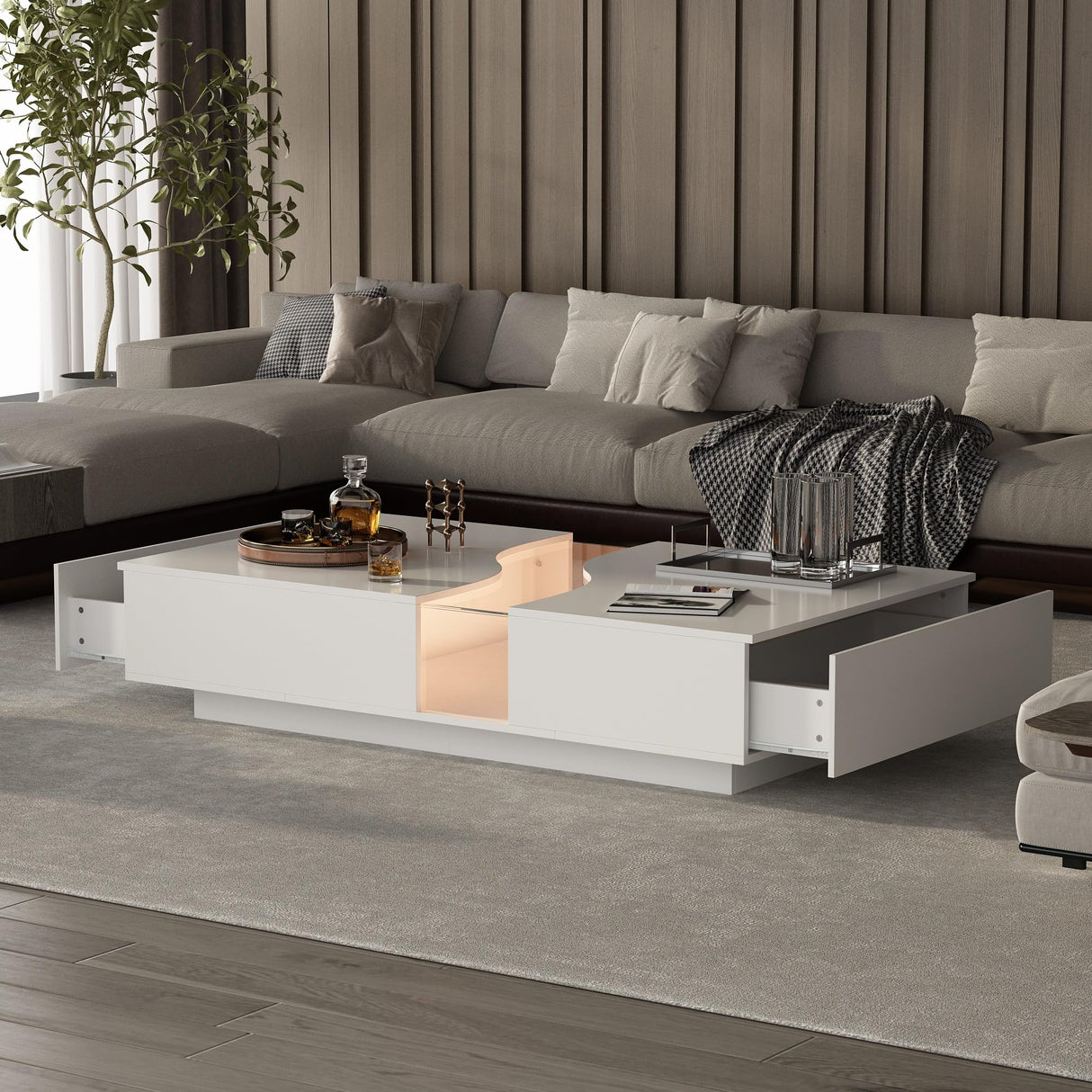 ECACAD Modern Coffee Table with 2 Drawers & Tempered Glass Top, Tea Table with LED Lights & Remote Control, Rectangular Center Table for Living Room & Reception Room, White 31.5”D x 55.1”W x 11.8”H ECACAD