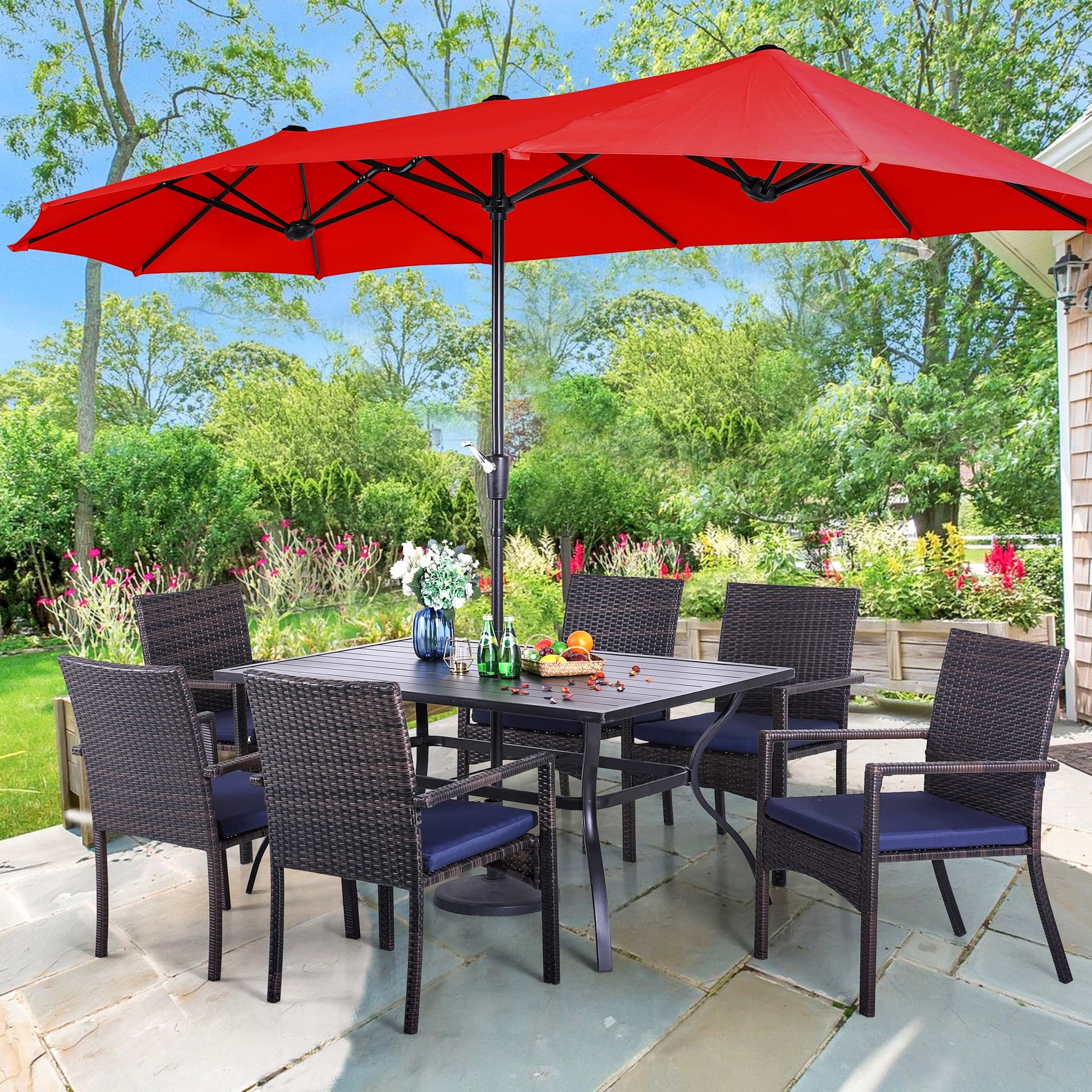 PHI VILLA 7 Piece Patio Dining Set with Umbrella, 60” Rectangular Metal Dining Table & 6 Cushioned Rattan Wicker Chairs & 13ft Large Red Umbrella for Outdoor, Deck, Yard, Porch - WoodArtSupply