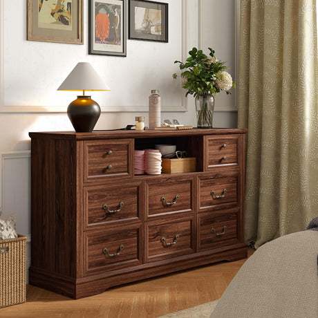 EnHomee 8 Drawers Dresser with Power Outlets and LED Lights, 55 Inch Wide Rustic Wood Dressers & Chest of Drawers for Bedroom, Hallway, Closet, Brown, 55" W x 34.5" H x 15.7" D EnHomee