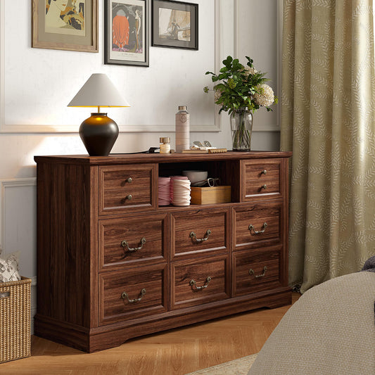 EnHomee 8 Drawers Dresser with Power Outlets and LED Lights, 55 Inch Wide Rustic Wood Dressers & Chest of Drawers for Bedroom, Hallway, Closet, Brown, 55" W x 34.5" H x 15.7" D