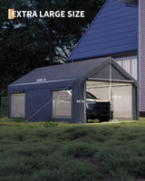 GarveeLife 13x20 Ft Carport with 8 Sandbags, Car Port with 220g PE Tarp, 2 Roll-Up Doors, and 4 Windows, for Full-Size Pickups, Bass Boats, Tractors, and SUVs, Gray GarveeLife