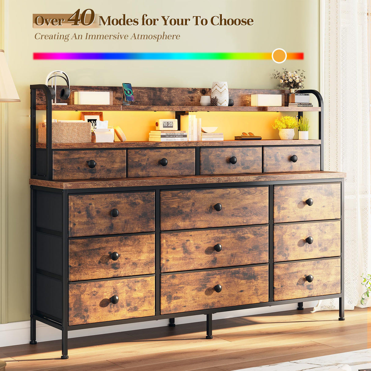 EnHomee 51.2" W Dresser for Bedroom with LED Lights, 13 Drawer Dresser for Bedroom, Long Dressers & Chests of Drawers with Shelves, Large Fabric Dresser for Closet Hallway, Rustic Brown EnHomee