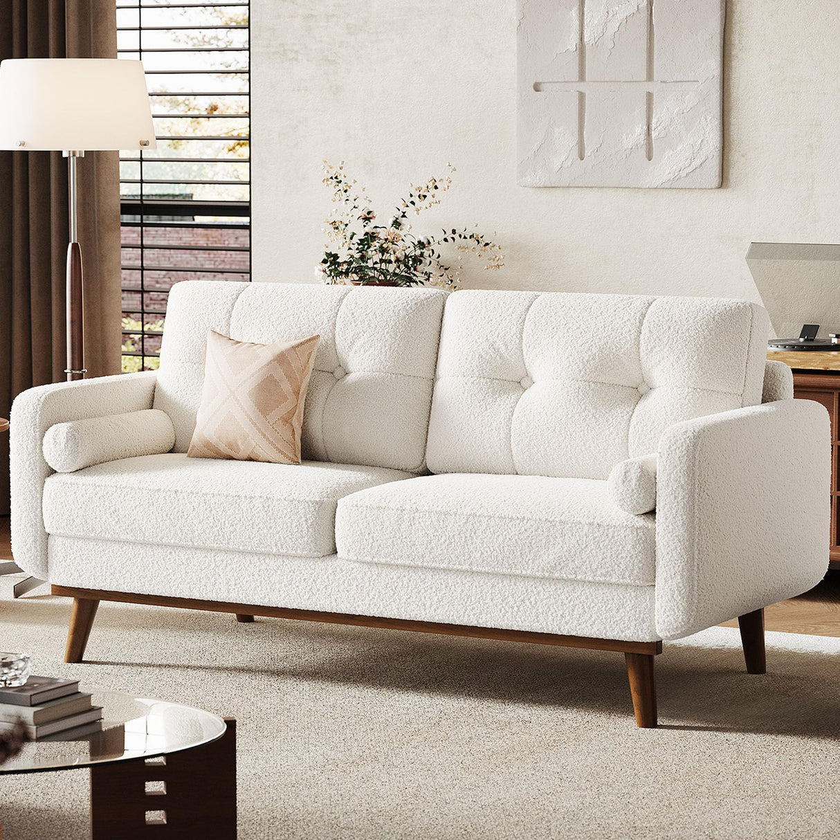 65 in Loveseat Sofa, Mid Century Modern Couch Comfy Love Seat Couches for Living Room, 2 Seater Deep Seat Couch Teddy Fleece Boucle Upholstered Couches for Bedroom Office Small Space, Beige GarveeHome