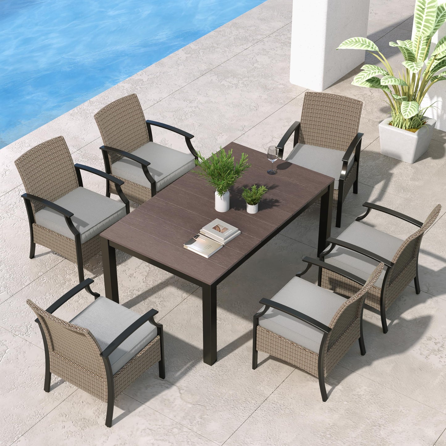 Grand patio 7 Pieces Outdoor Dining Sets, E-Coated Dining Chairs Traditional Wicker Patio Furniture for 6, Including Chairs with Cushions & Wood Grain Table with Umbrella Hole for Backyard, D - WoodArtSupply