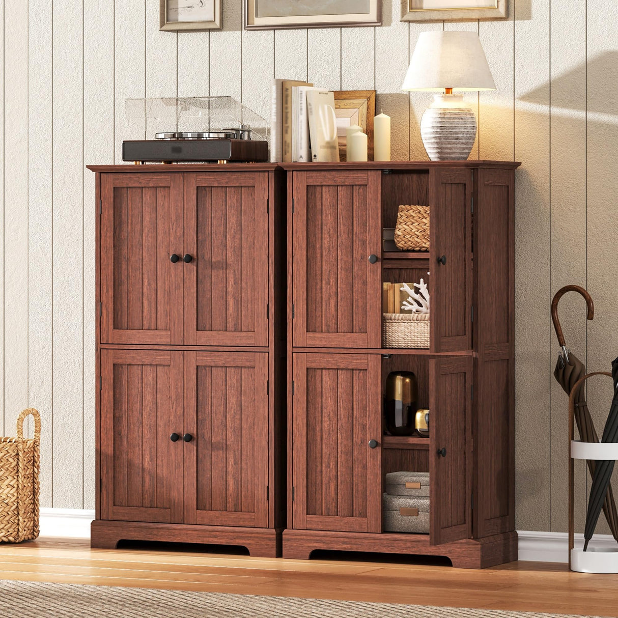 ChooChoo Bathroom Floor Cabinet, Farmhouse Bathroom Storage Cabinet with 4 Doors and Adjustable Shelves, Pantry Cabinet for Living Room, Kitchen, Walnut ChooChoo