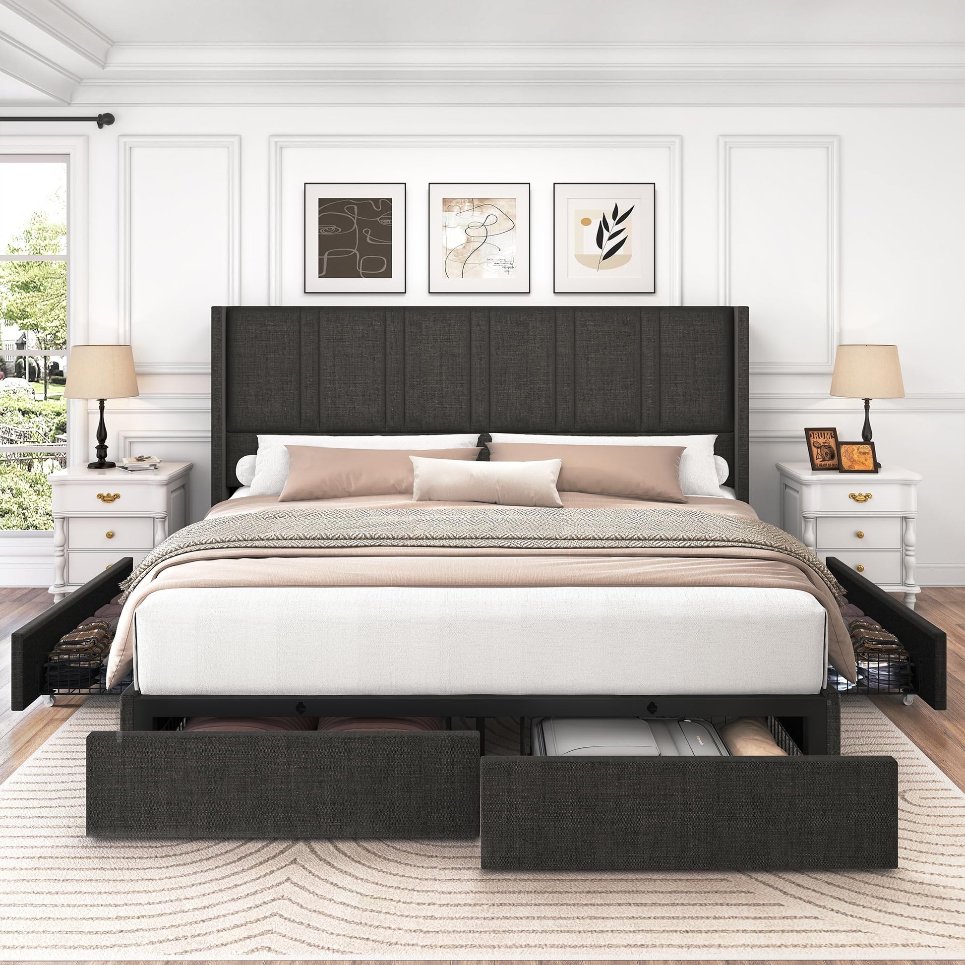 LARMACE Dark Gray Queen Size Bed Frame with 4 Storage Drawers and Elegant Tufted Headboard - WoodArtSupply