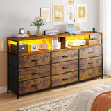 EnHomee 55” W Dresser, Rustic Brown Dresser for Bedroom with Power Outlet & LED Lights for 65" TV Stand Bedroom Dresser with 9 Fabric Drawers, Long Sturdy Dressers for Bedroom, Closet, Entryway EnHomee