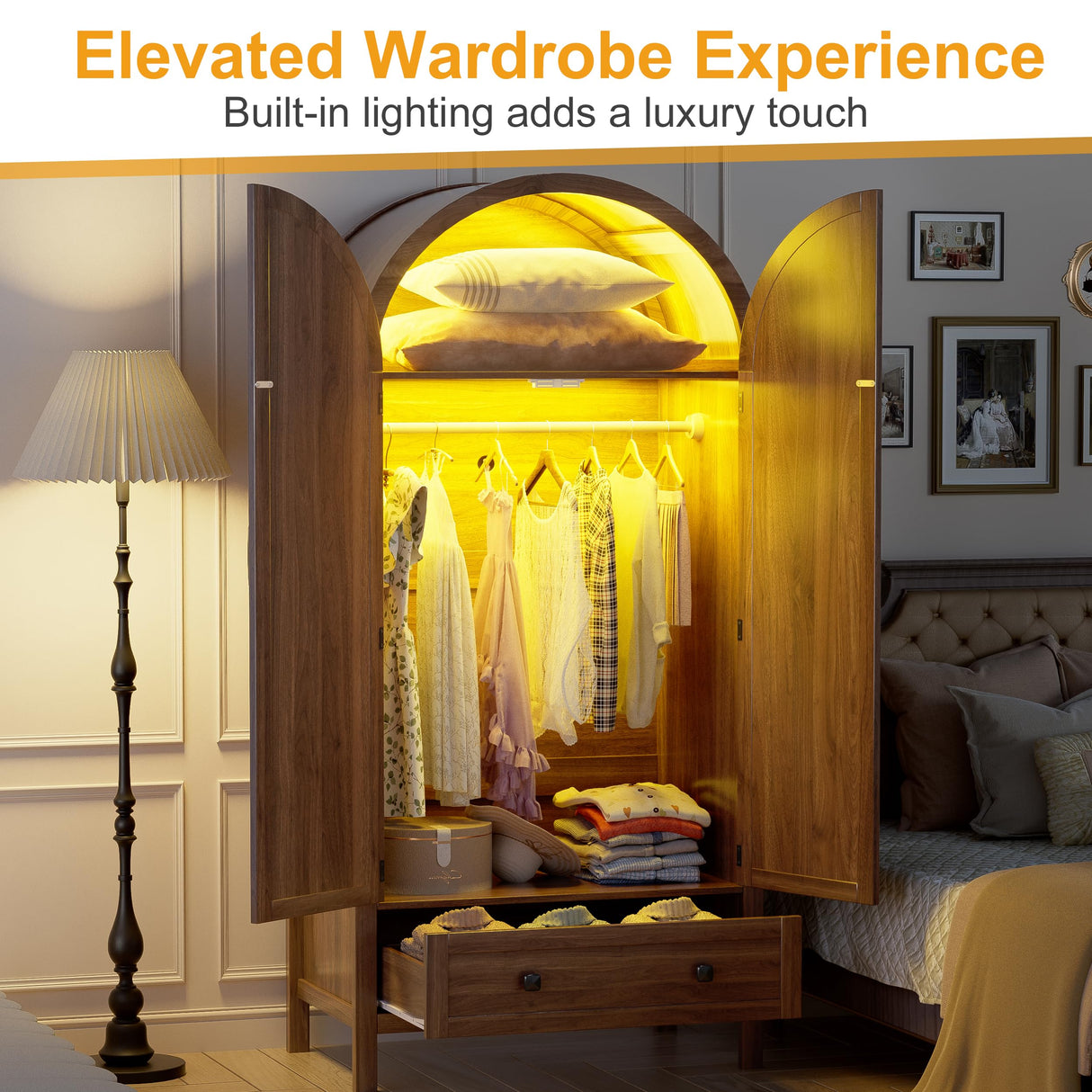 PAKASEPT Armoire Wardrobe Closet with Drawers and 2 Arched Fluted Doors, 70.9‘’ Tall Wooden Bedroom Armoires with LED Light & Shelves and Hanging Rod(Brown) PAKASEPT