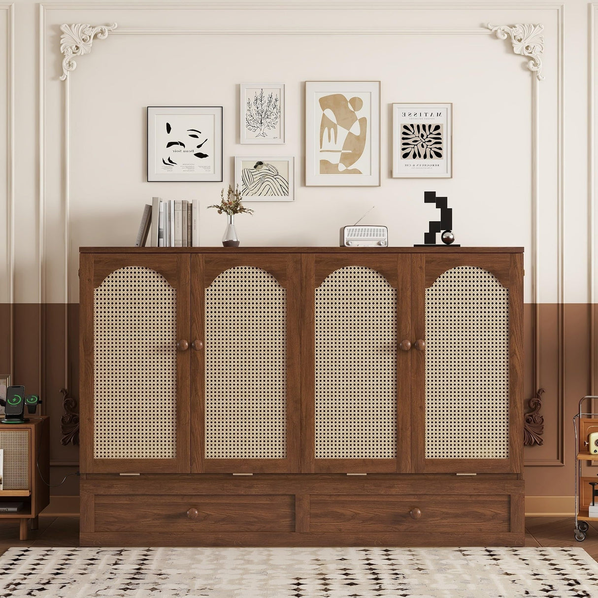 DNChuan Queen Size Murphy Cabinet Bed with Storage Drawer and Charging Station, Foldable Dresser Platform Bed with Oval Rattan Decoration Panel, Space Saving, Walnut DNChuan