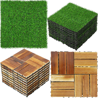 Sasylvia 48 Pcs Hardwood Interlocking Patio Deck Tile and Artificial Grass Tile Waterproof Wood Flooring Tile Interlocking Turf Tile Outdoor Self Draining Tile for Balcony Garden Patio Lawn,  - WoodArtSupply