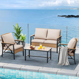 YITAHOME 4-Piece Patio Wicker Furniture Set with Wood Armrest, All Weather Rattan Conversation Furniture Sets for Backyard, Balcony, Deck w/Soft Cushions and Plastic Wood Table (Light Brown+Beige) YITAHOME