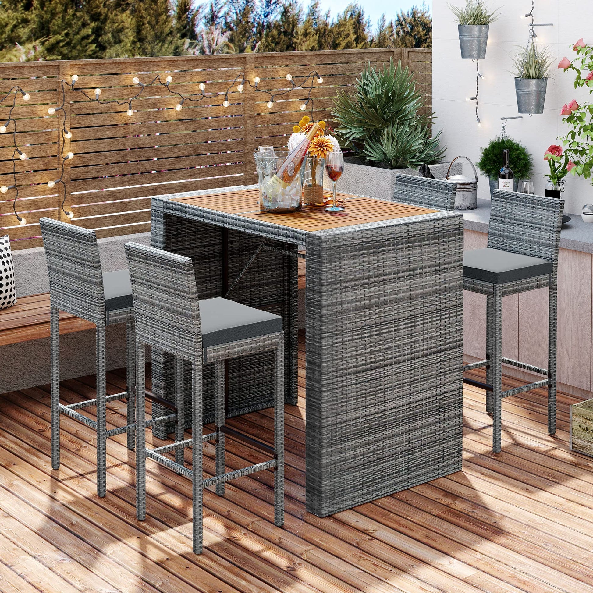 Hlcodca 5-pieces Outdoor Patio Wicker Bar Set,5-Piece Outdoor Patio Dining Set,Bar Height Chairs with Non-Slip Feet and Fixed Rope, Removable Cushion, Acacia Wood Table Top - WoodArtSupply