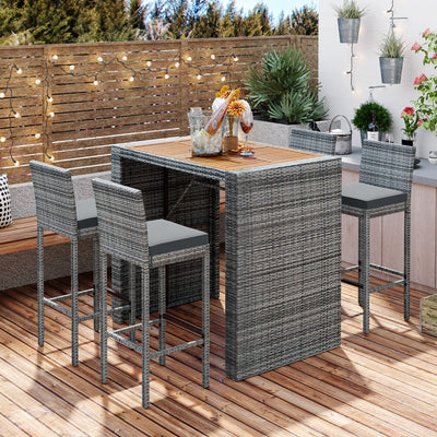 VilroCaz 5-Pieces Outdoor Patio Rattan Counter Height Dining Set, All-Weather Wicker Bar Table Set Conversation Set, Acacia Wood Table Top, Bar Height Chairs with Removable Cushion