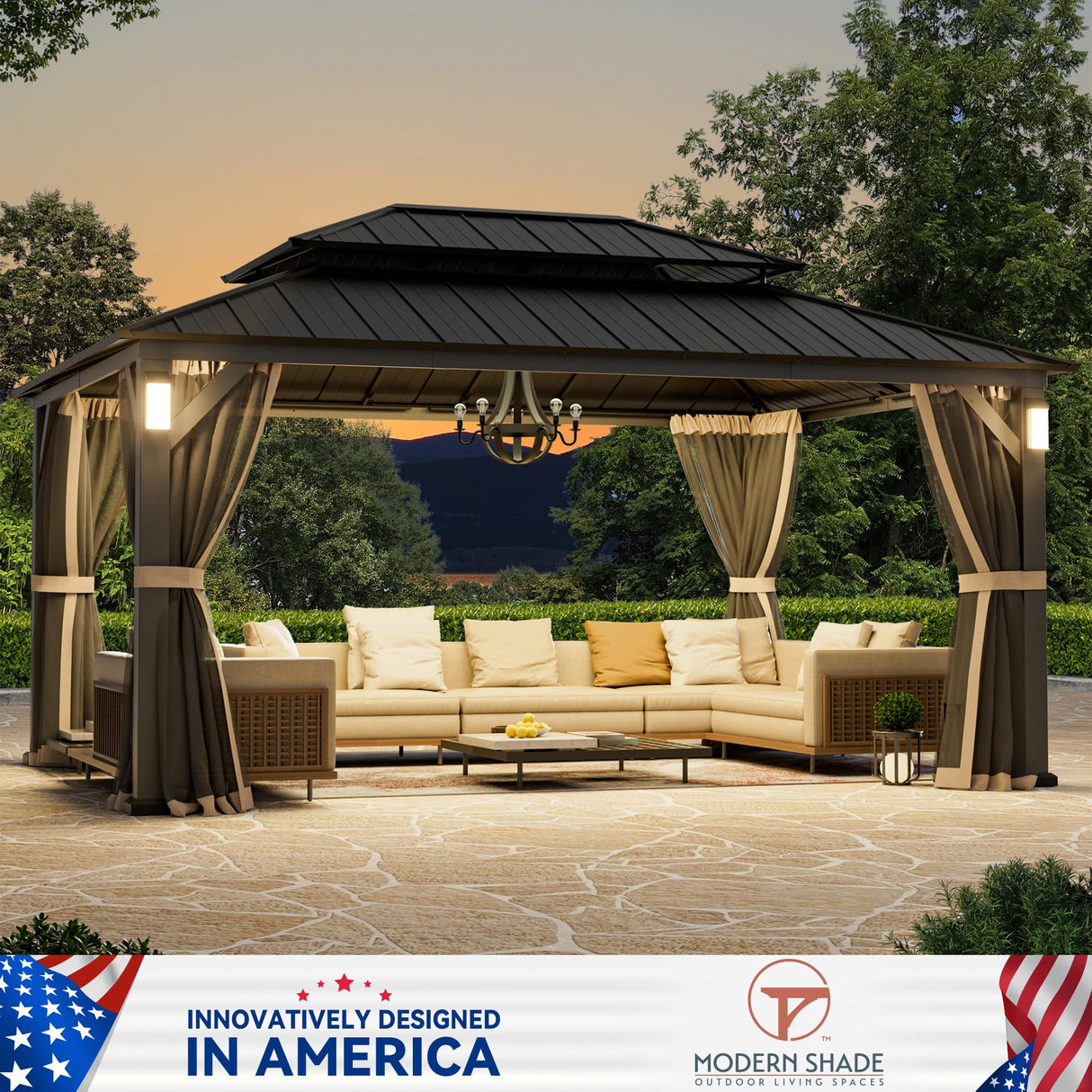 Modern Shade The Horizon Permanent Hardtop Gazebo 12' x 16' w/ 4 LED Lights, Outdoor Gazebo w/Galvanized Steel Double Roof, Patio Pavilion w/Decor Hooks, Mosquito Nettings, Black Modern Shade Outdoor Living Spaces