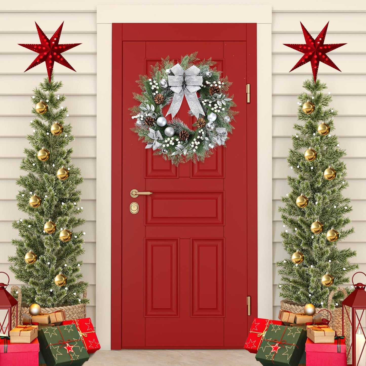 Sggvecsy 20 Inch Artificial Christmas Wreath for Front Door with Pine Needles White Berries Pine Cones Silver Bow Christmas Ball Decorations for Winter Wall Outdoor Home Holiday Xmas Decor