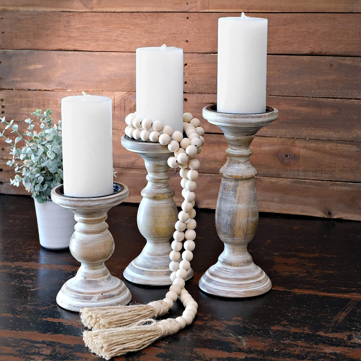 Candle Holders for Pillar Candles, Wooden Table Centerpiece, Set of 3, Wood Candle Holders, Rustic Pillar Candle Holder, Farmhouse Candle Holders Fireplace White MAINEVENT