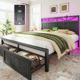 Homkdom Farmhouse Full Size Bed Frame with 2 Storage and LED Lights, Full Bed Frame with Headboard Built in Charging Station,Easy Assembly, No Box Spring Needed, Black Homkdom