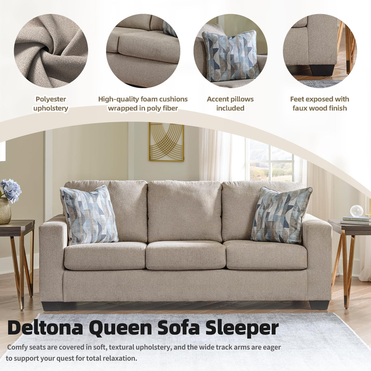 Signature Design by Ashley Deltona Contemporary 2-in-1 Sofa Sleeper with Folding Gel Memory Foam Mattress and 2 Accent Pillows, Queen, Beige Signature Design by Ashley