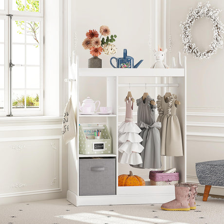 UTEX Kids Play Armoire with Mirror, Storage Bins and Closet for Dress Up and Costumes (White) UTEX