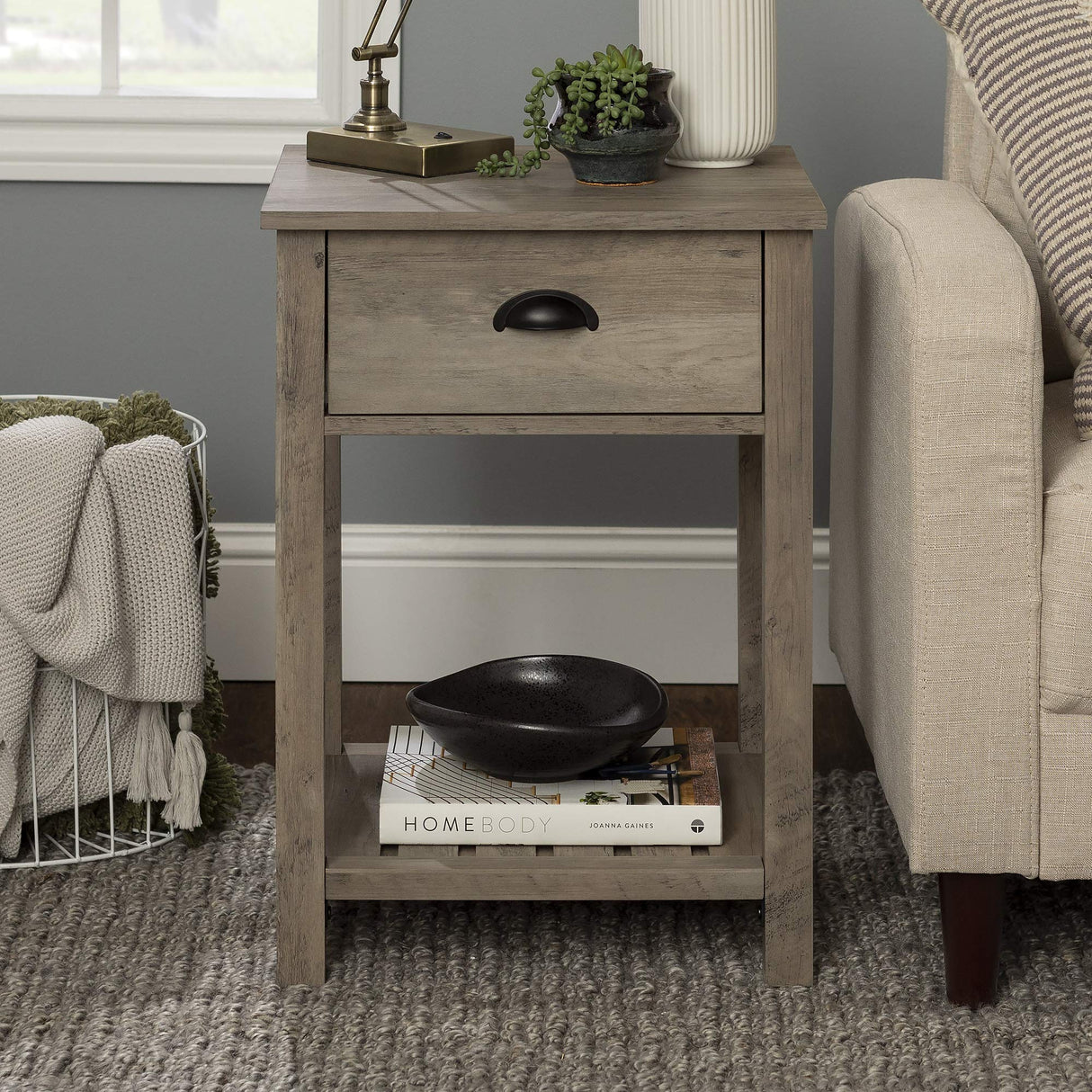 Walker Edison Farmhouse Square Side Accent Table Set-Living-Room Storage End Table with Storage Door Nightstand Bedroom, 18 Inch, Grey Wash Walker Edison