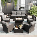 LayinSun 10 Pieces Patio Furniture Set with Fire Pit Table, Black Rattan Modular Sectional Outdoor Conversation Sofa Set, Swivel Rocking Chairs Set LayinSun