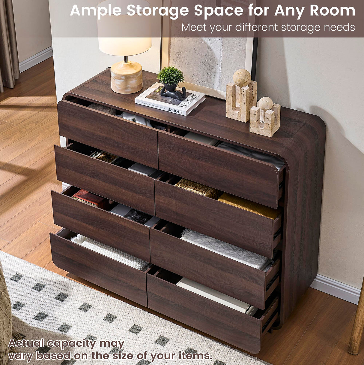 Standifurno Modern 8 Drawer Dresser, 47- Inch Wood Chest of Drawers with Large Storage, Walnut Dresser Closet for Bedroom, Living Room, Nursery. Standifurno
