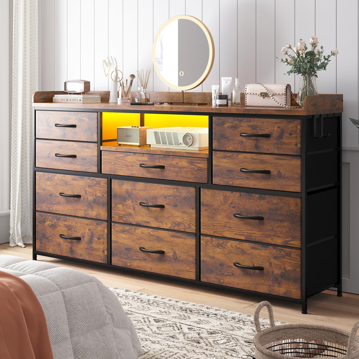 EnHomee Dresser TV Stand with 11 Drawers for 60" TV Stand for Bedroom with LED Lights & Power Outlets Long Dresser for Bedroom with Shelves & 4 Hooks, Sturdy Metal Frame & Thick Wood Top, Rustic Brown EnHomee