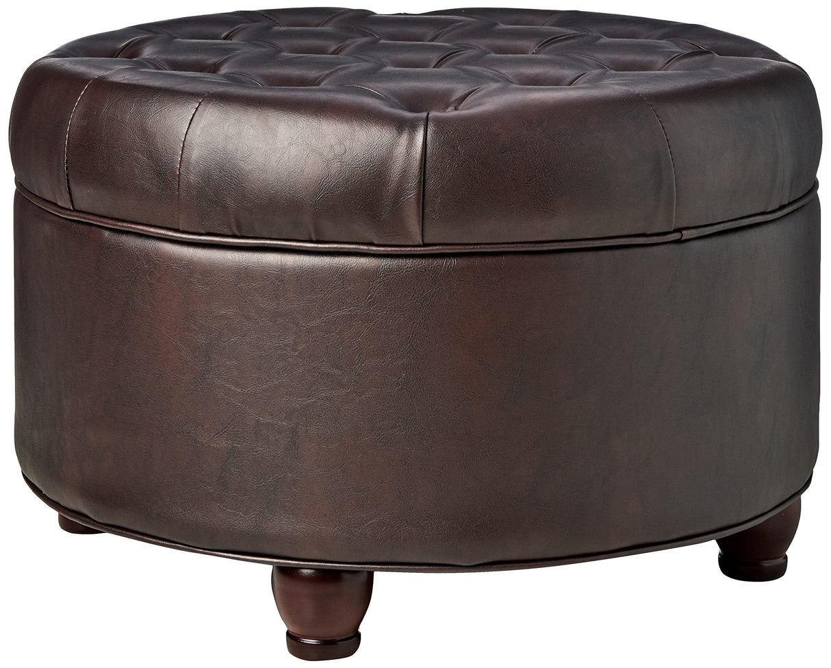 Homepop Home Decor | Button Tufted Faux Leather Round Storage Ottoman | Ottoman with Storage for Living Room & Bedroom (Distressed Brown) HomePop