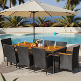 Greesum 9 Pieces Outdoor Patio Dining Set, Conversation Sets with 1 Table and 8 Rattan Chairs with Curved Acacia Wooden Armrests and Cushions, Black Greesum