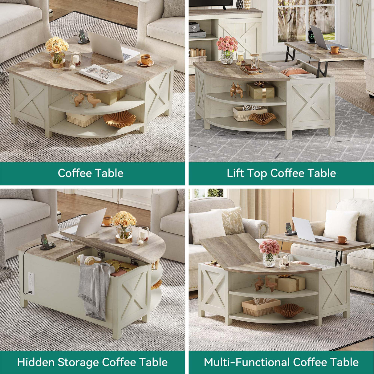 YITAHOME Farmhouse Lift Top Coffee Table with Storage, Wood Cured Center Table with Charging Station&USB Port, Living Room Table w/Large Hidden Space, for Bedroom, Home Office, Grey Wash YITAHOME