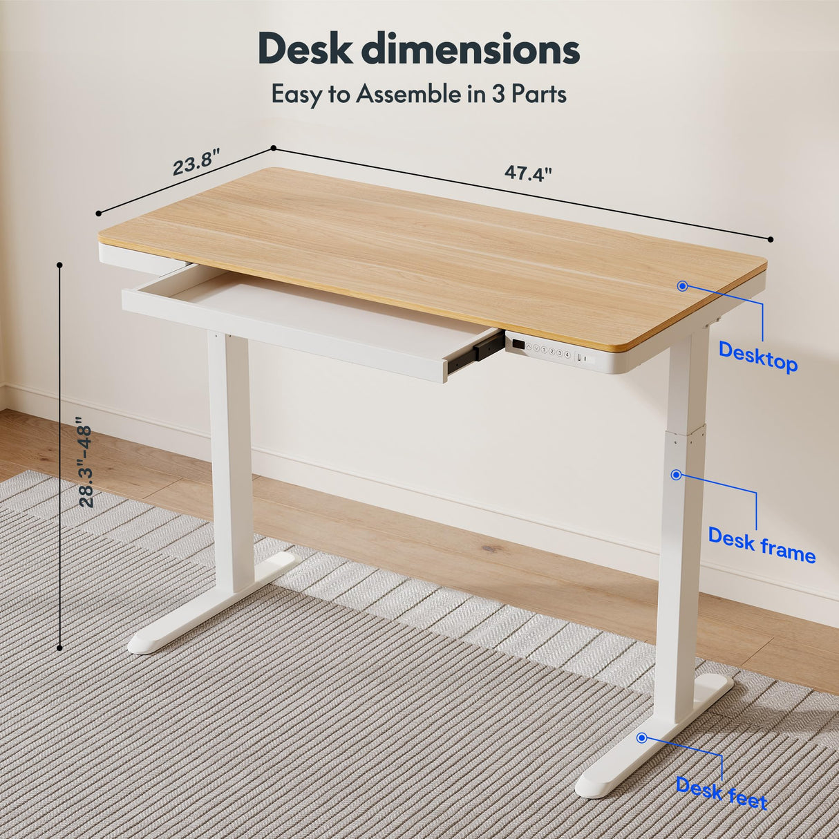FLEXISPOT Comhar Electric Standing Desk with Drawers Charging USB Port, Height Adjustable 48" Whole-Piece Quick Install Home Office Computer Laptop Table with Storage (Maple Top + White Frame) FLEXISPOT