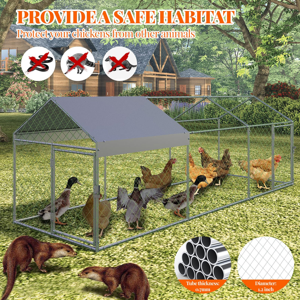 Large Metal Chicken Coop, 120" x 40" x 40" Chicken Run with Cover, Outdoor Walk in Poultry Cage, Metal Chicken Coop for Yard Farm Duck Rabbit Hen, Silver Hipicute