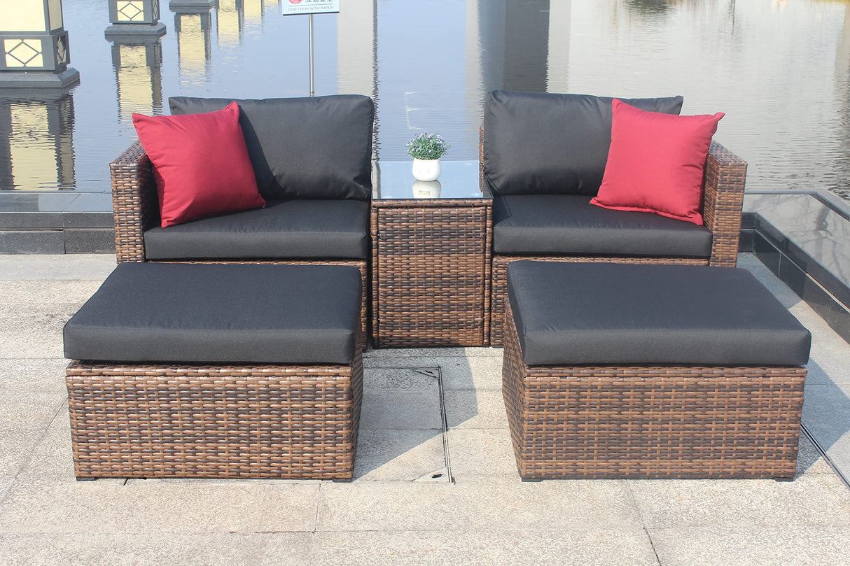 YOPTO 5 Pieces Outdoor Wicker Sectional Sofa Set with 2 Ottoman & Coffee Table,Patio Conversation Set Sectional Couch W/Cushions,Pillows & Protection Cover,Patio Sofa Bed for Porch,Garden,Lawns,Brown YOPTO