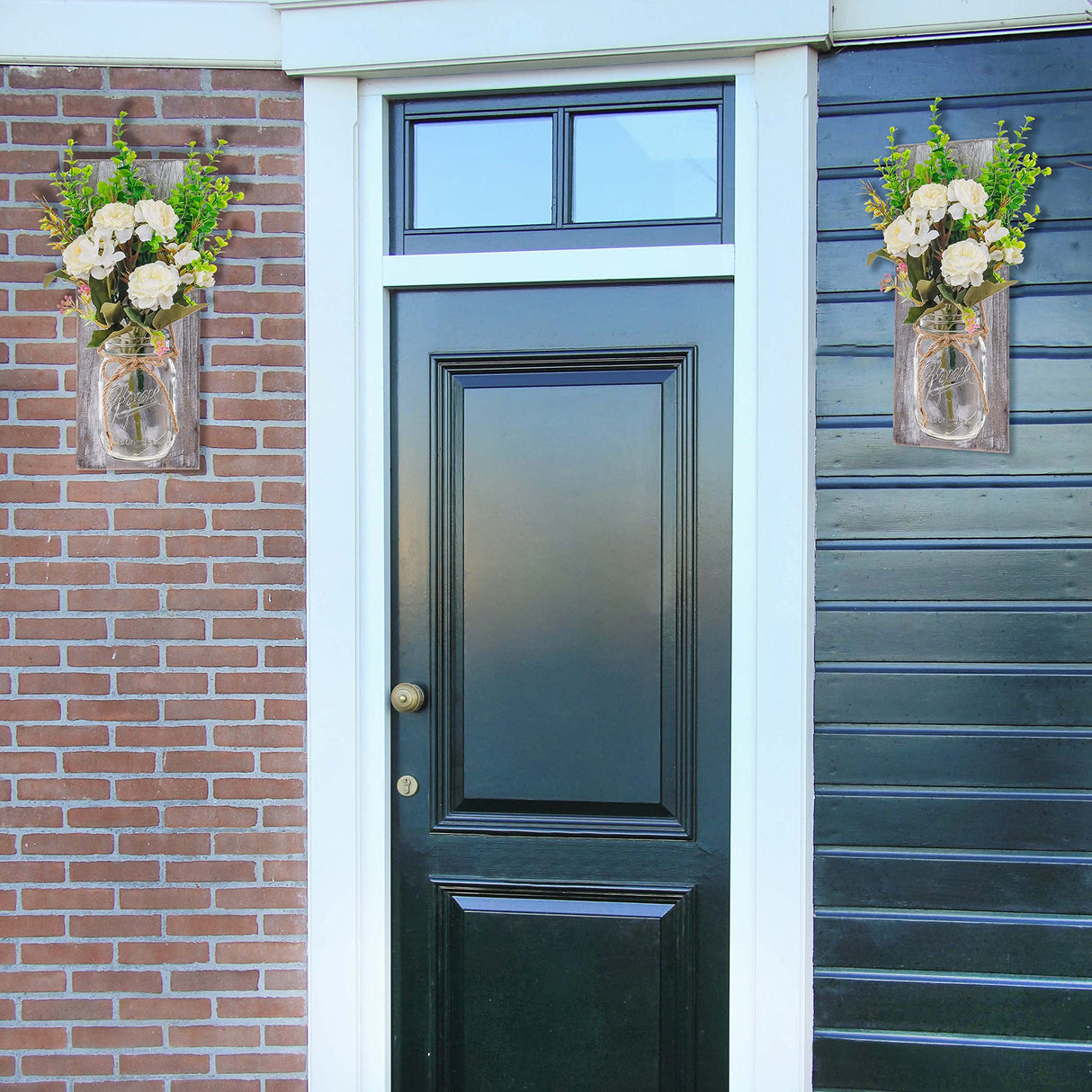 OCTMUSTARD Rustic Wall Decor Mason Jar Sconces Decor with Remote Control Led Lights for Home Farmhouse Bathroom and Living Room Decorative.Shabby Chic Art Design Decorations (Grey Board with Peony) OCTMUSTARD