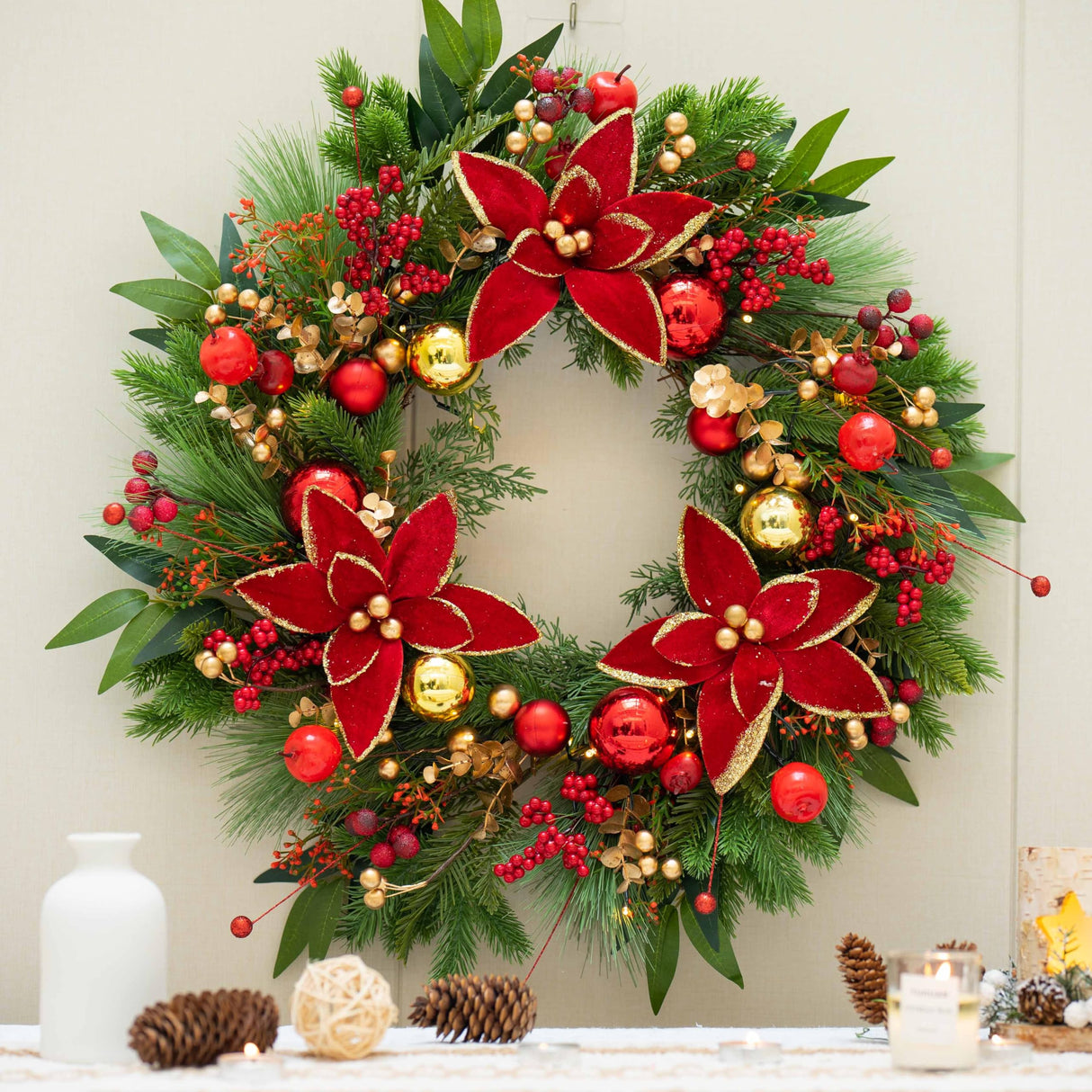 ArcadiaArt Prelit Christmas Wreaths for Front Door- 24 Inch Outdoor Christmas Door Wreath with Lights, Lighted Xmas Wreath with Poinsettia Flowers,Red Berries,Golden Ball- Home Christmas Decorations ArcadiaArt