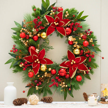 ArcadiaArt Prelit Christmas Wreaths for Front Door- 24 Inch Outdoor Christmas Door Wreath with Lights, Lighted Xmas Wreath with Poinsettia Flowers,Red Berries,Golden Ball- Home Christmas Decorations