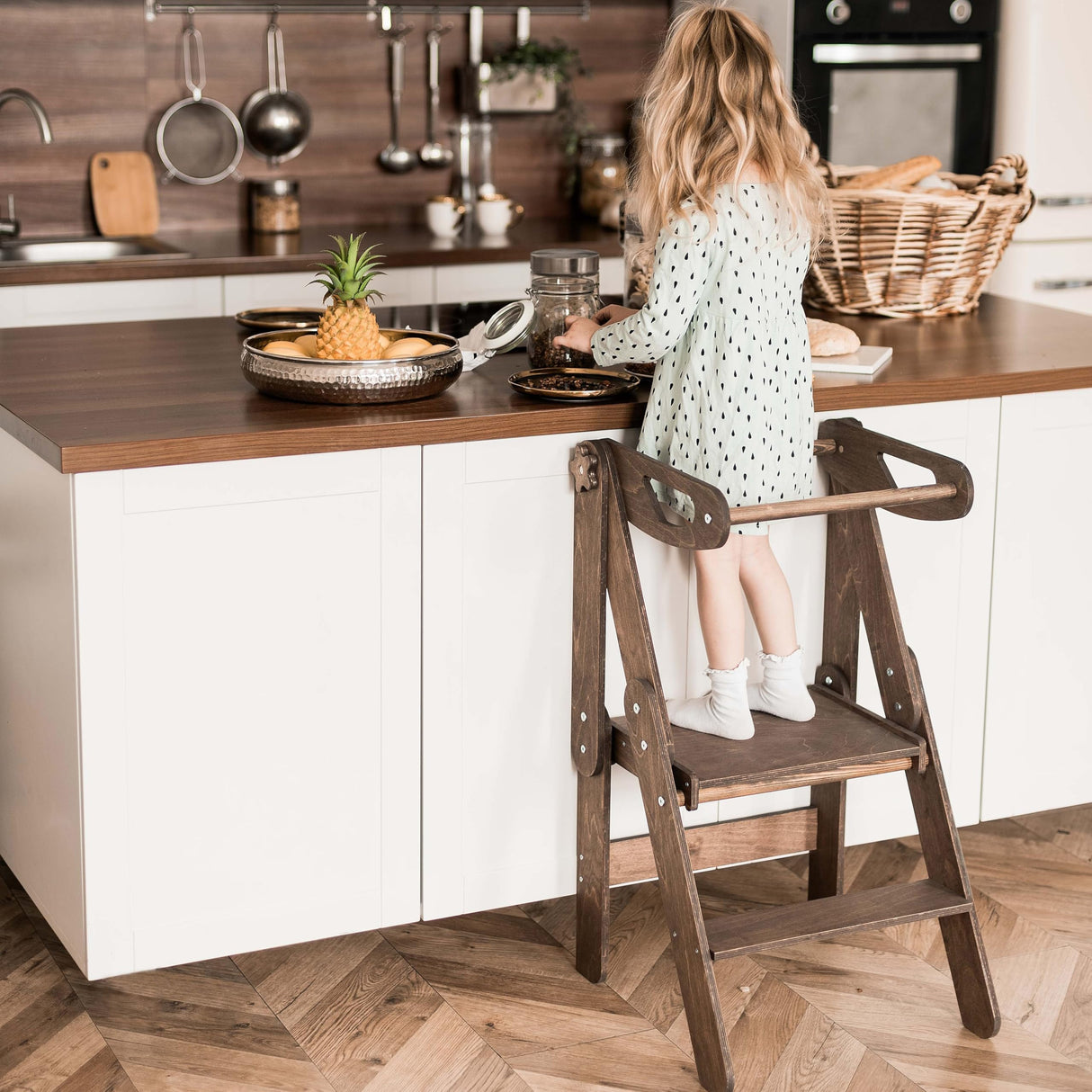 Montessori Toddler Tower Foldable Kitchen Helper Stool for Toddlers Wooden Stepping Stools for Kids Learning Towers for Bathroom and Kitchens (Dark Walnut, Montessori Tower) Enjoy The Wood