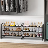 Simple Trending 3 Tier Stackable Shoe Rack, Expandable Adjustable Fabric Shoe Shelf Storage Organizer, Black Simple Trending