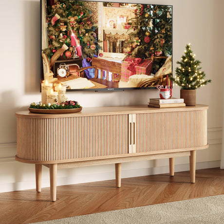LINSY HOME TV Stand for 65" TV, Mid-Century Modern 58" Entertainment Center with Sliding Tambour Door and Storage Cabinet, Cruved TV Media Console Table for Living Room, Bedroom, Oak LINSY HOME