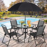 Vongrasig 6 Piece Folding Patio Dining Set,Small Metal Outdoor Garden Patio Table and Chair Set w/Umbrella for Lawn,Deck,Backyard,Black Vongrasig