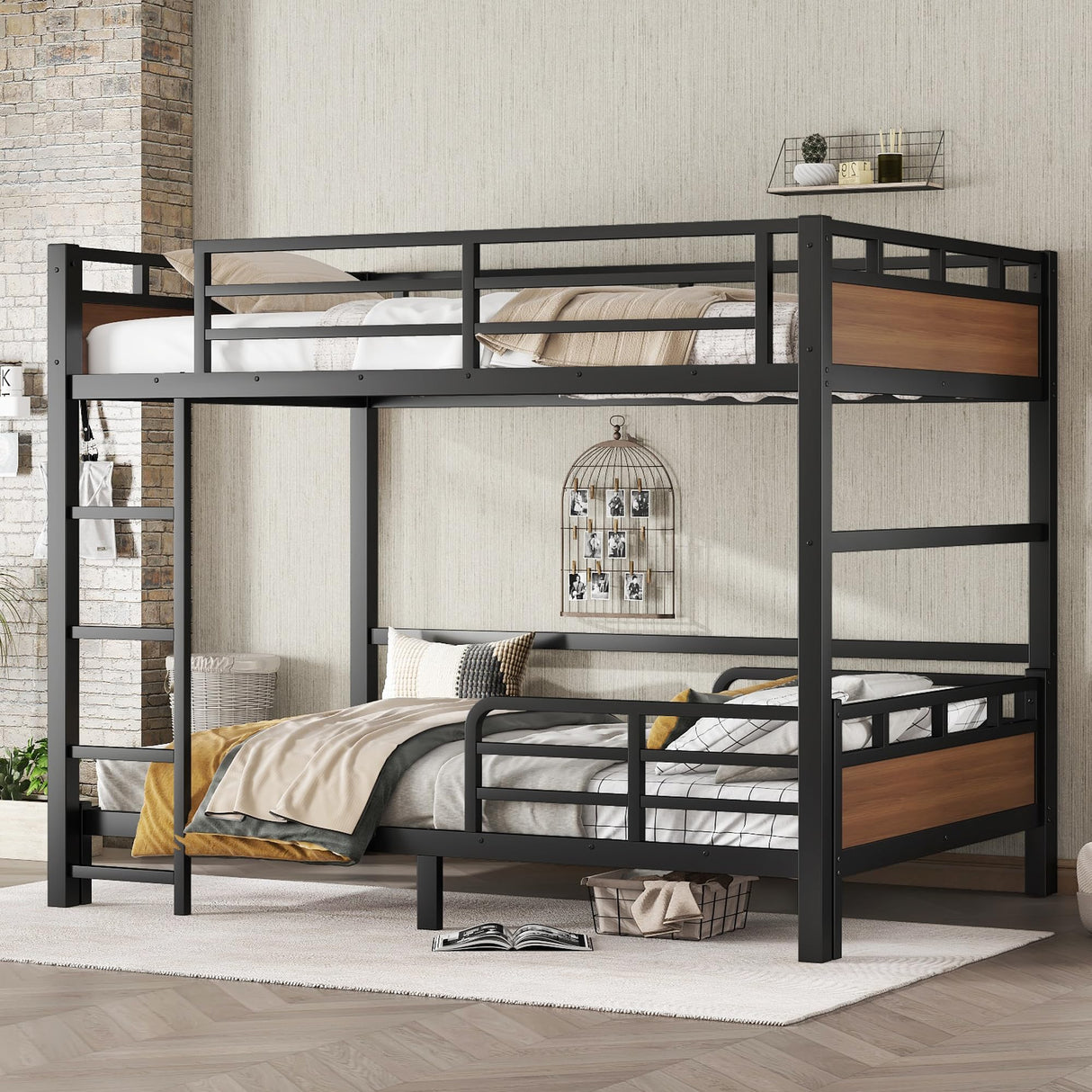 Full Over Full Bunk Bed with Headboard and Full Length Guardrail, Separable Bunk Bed Full Size, Heavy Duty Bunk Beds Can Turns Into Loft Bed and Platform Bed, Walnut Bellemave