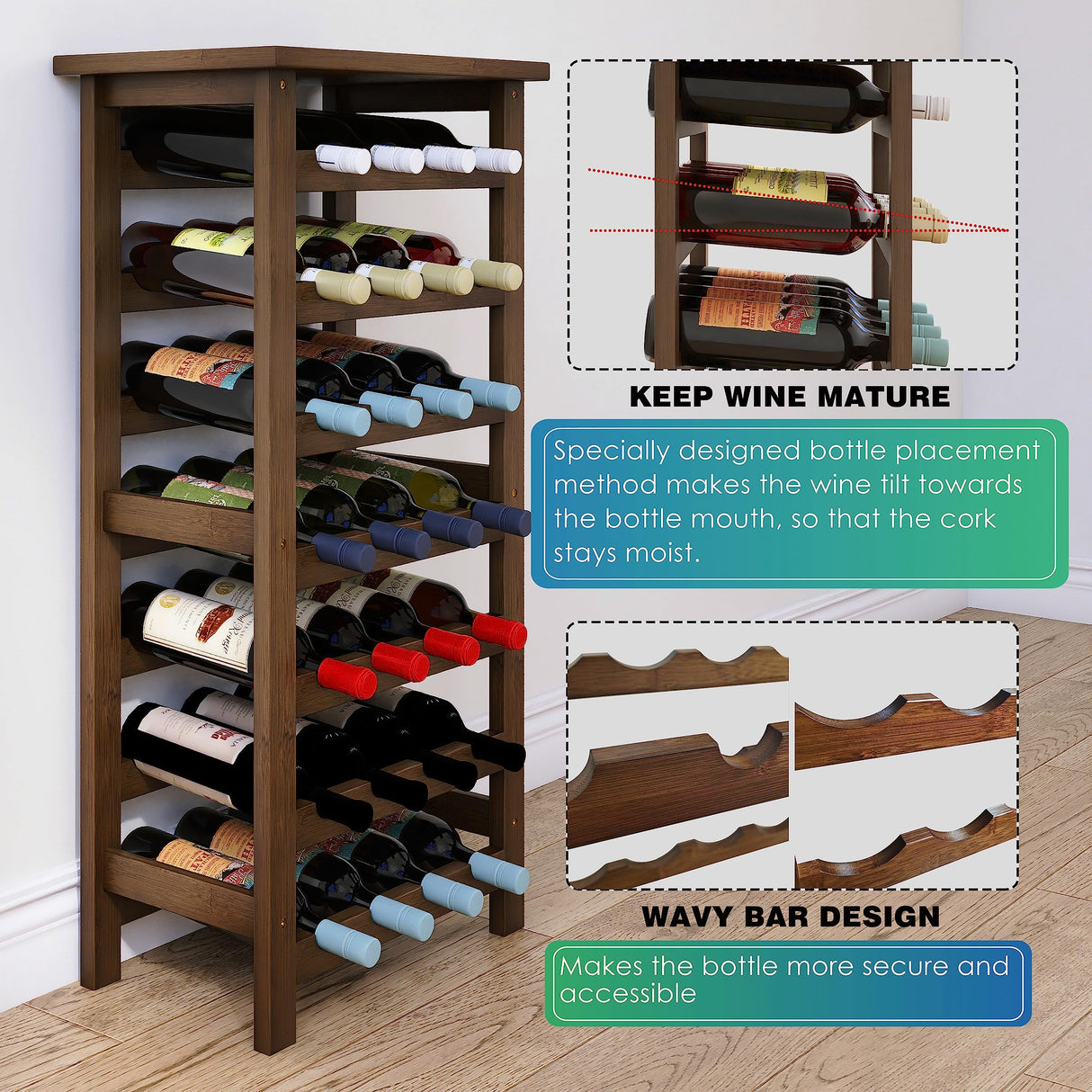 SMIBUY Bamboo Wine Rack, 28 Bottles Display Holder with Table Top, 7-Tier Free Standing Storage Shelves for Kitchen, Pantry, Cellar, Bar (Walnut) SMIBUY