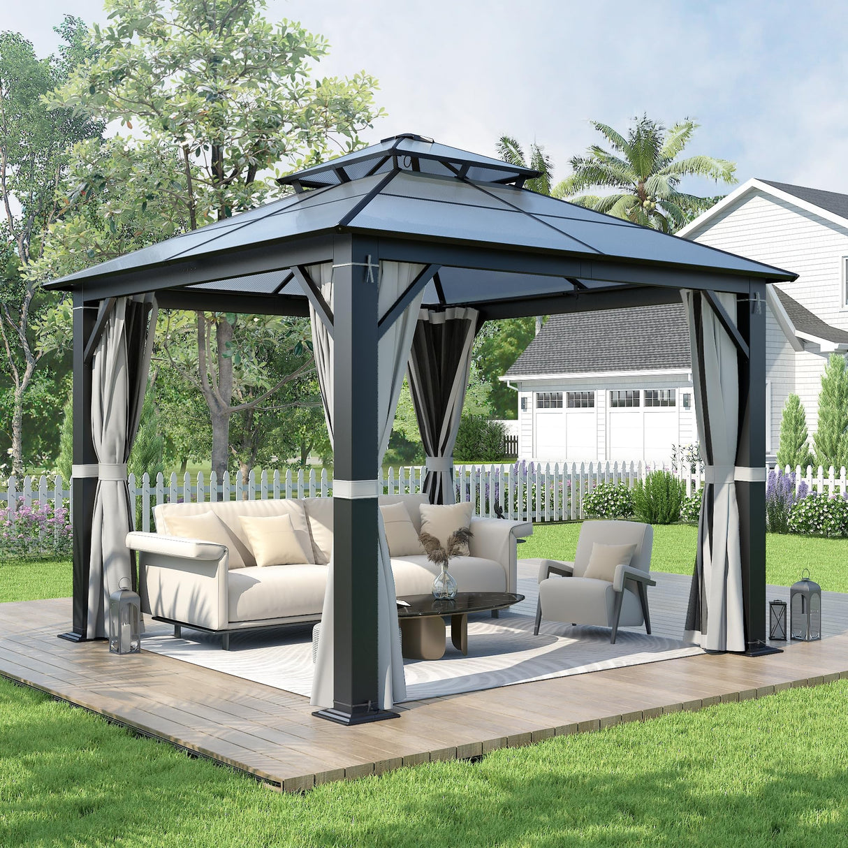 Howsvn 10'x10' Hardtop Gazebo, Upgrade Outdoor Polycarbonate Gazebos with Netting and Curtains, Heavy Duty Metal Pavilion for Patio, Backyard, Deck and Lawn HOWSVN