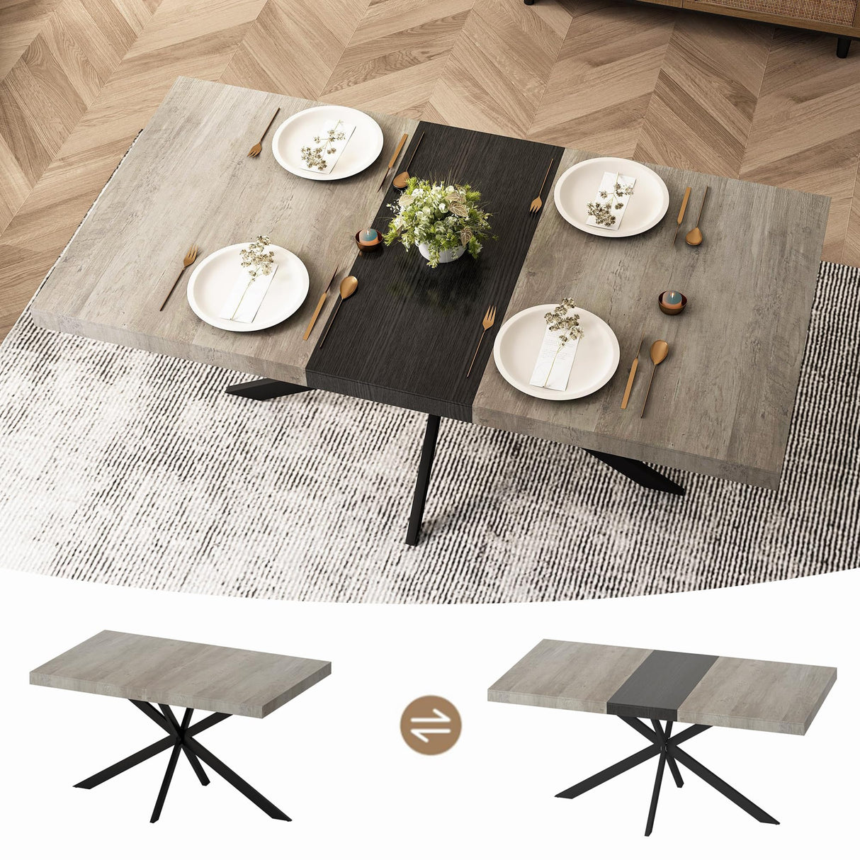 55" -70" Extendable Dining Room Table for 4 6 People,Modern Rustic Kitchen Expanding Table,Wooden Long Large Expandable Dining Room Transformer Table Conference Table for Kitchens,Grey Ufurpie