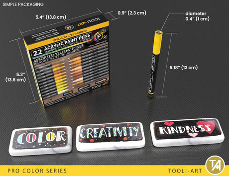 Acrylic Paint Pens 22 Yellow & Brown Tones Assorted Pro Color Series Markers Set 0.7mm Extra Fine Tip for Rock Painting, Glass, Mugs, Wood, Metal, Canvas, Projects, Non Toxic, Waterbased, Quick Drying TOOLI-ART