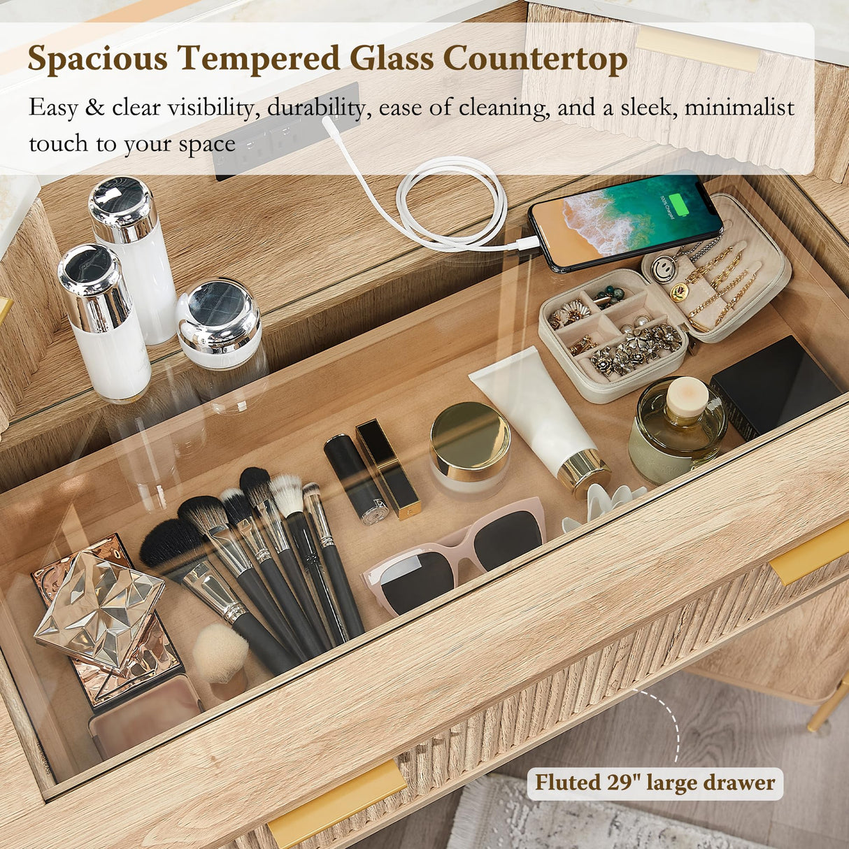 T4TREAM 48'' Fluted Makeup Vanity Desk with HD Triple Mirror and Lights, Large Lighted Corner Vanity with Glass Top, Modern Dressing Table with 3 Drawers & 2 Cabinets for Bedroom, Natural Oak T4TREAM