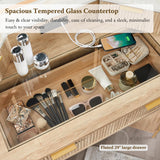 T4TREAM 48'' Fluted Makeup Vanity Desk with HD Triple Mirror and Lights, Large Lighted Corner Vanity with Glass Top, Modern Dressing Table with 3 Drawers & 2 Cabinets for Bedroom, Natural Oak T4TREAM