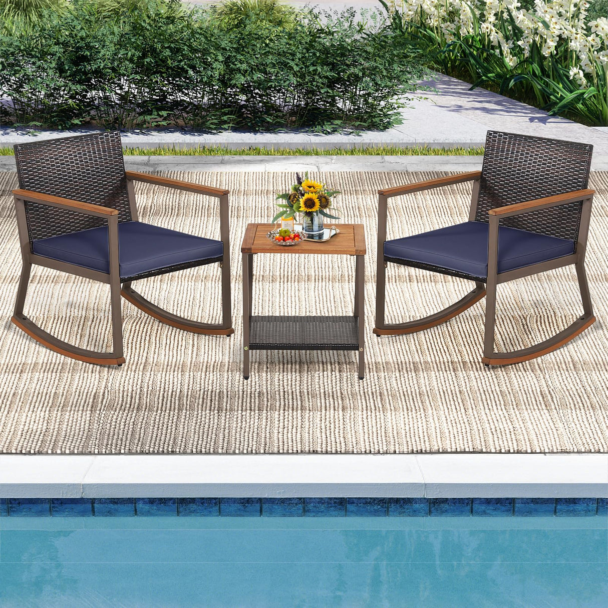 Tangkula 3 Pieces Rocking Bistro Set, Outdoor Rocker Chair with Coffee Table & Cushions, Patio Rattan Furniture Conversation Set for Balcony Porch Poolside (Navy) Tangkula