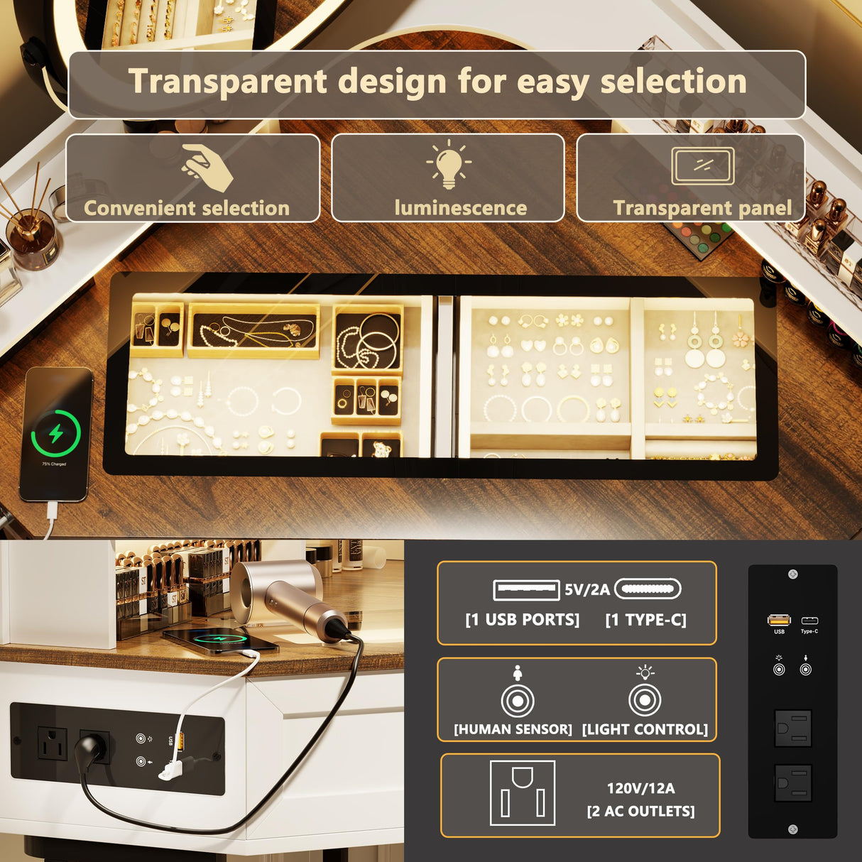 FREDEES Corner Vanity with Mirror and Lights,Modern Makeup Vanity Set with Charging Station for Bedroom/Cloakroom,Glass Top Vanity Table with Drawers and Shelves,White FREDEES