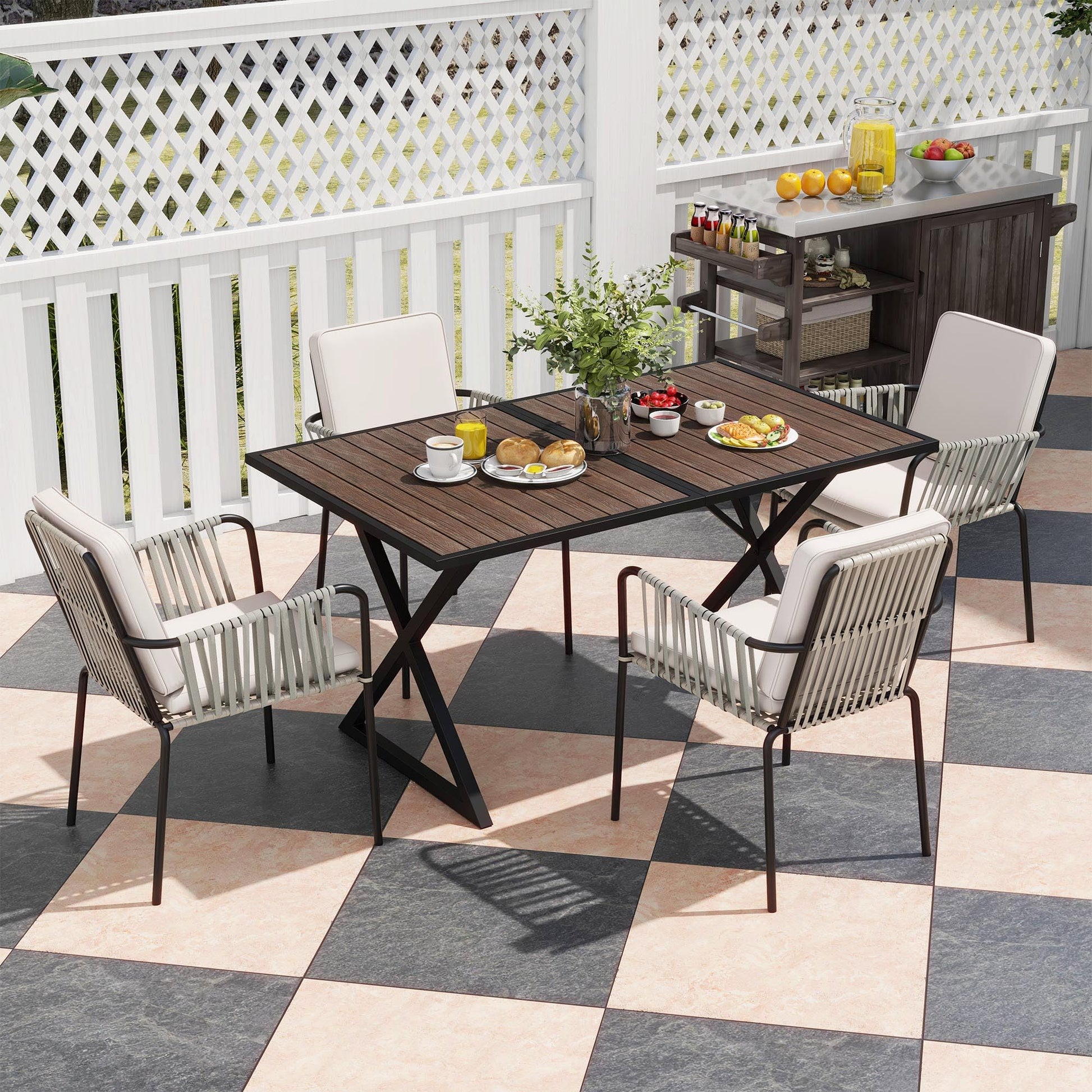 YITAHOME 5 Piece Patio Dining Set Outdoor Furniture Stackable All-Weather Comfortable Rope and Rattan Chairs Metal Frame with Faux Wood Tabletop for Courtyard Backyard Poolside Balcony, Brown - WoodArtSupply